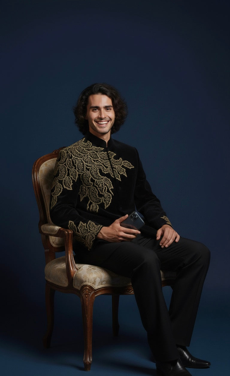 Man wearing a black outfit with gold embroidery