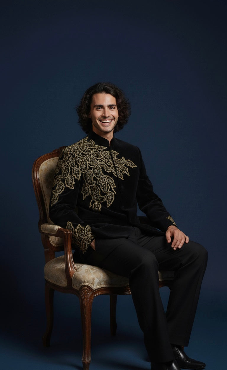 Man wearing a black outfit with gold embroidery