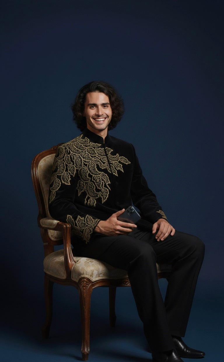 Man wearing a black outfit with gold embroidery