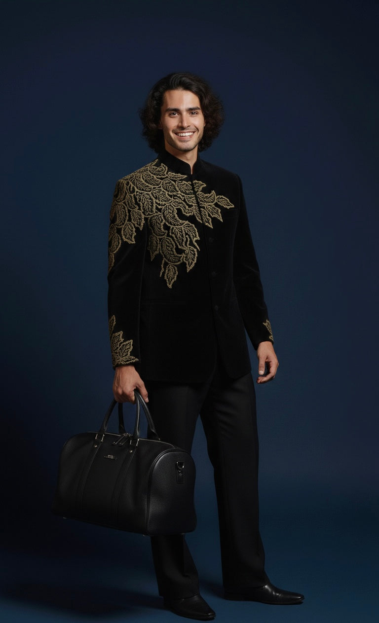 Man wearing a black outfit with gold embroidery