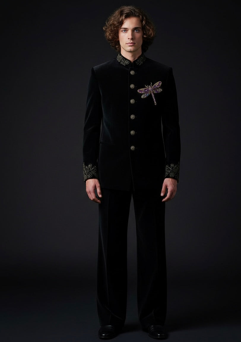 Luxury Black Velvet Suit with Dragonfly Hand Embroidery – Designer Statement Piece
