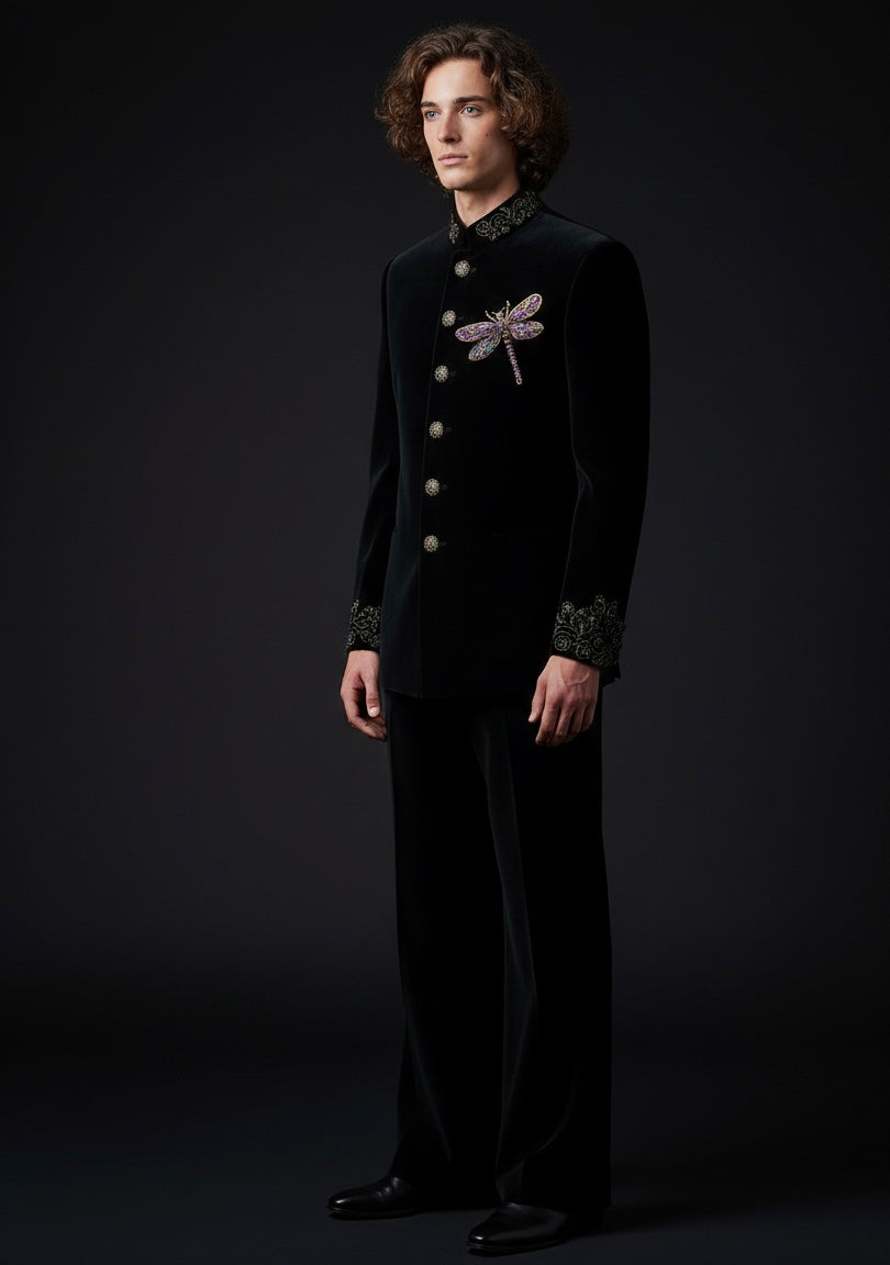 Luxury Black Velvet Suit with Dragonfly Hand Embroidery – Designer Statement Piece