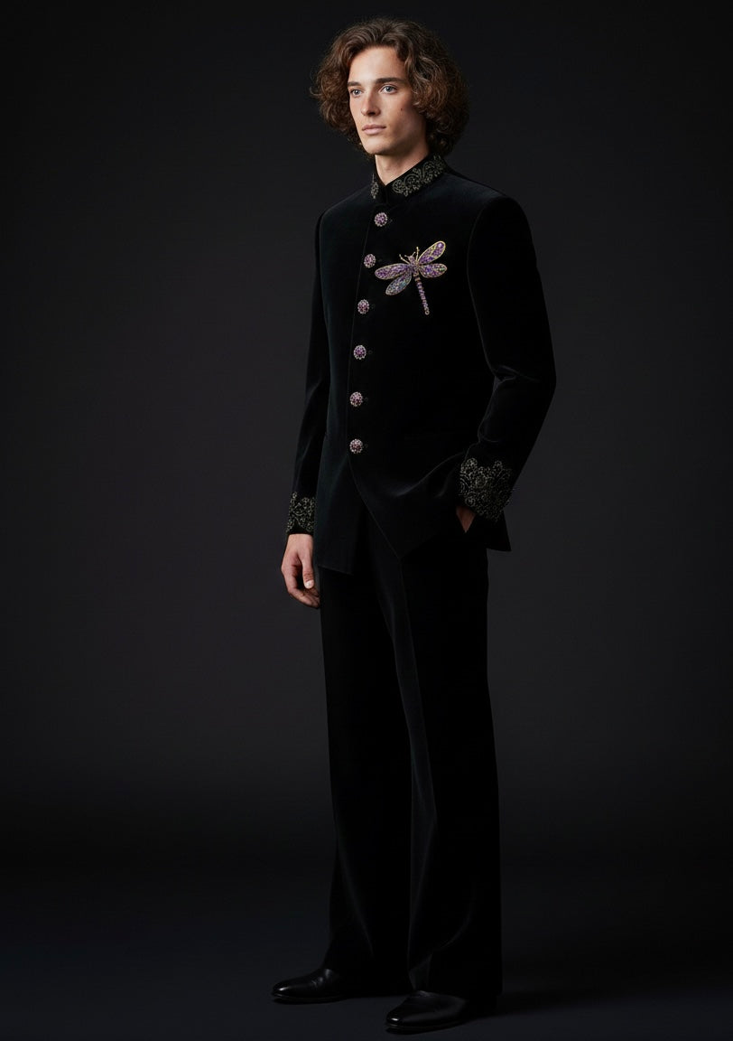 Luxury Black Velvet Suit with Dragonfly Hand Embroidery – Designer Statement Piece