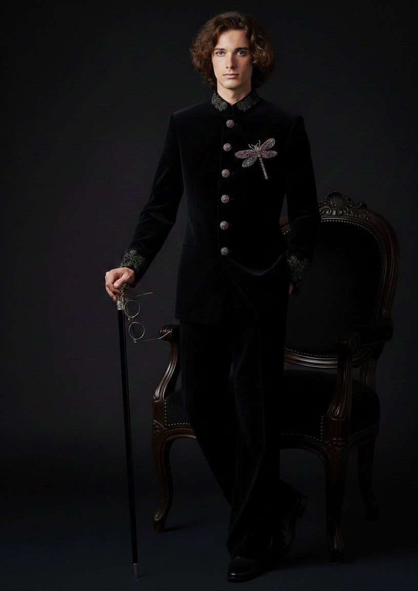 Luxury Black Velvet Suit with Dragonfly Hand Embroidery – Designer Statement Piece