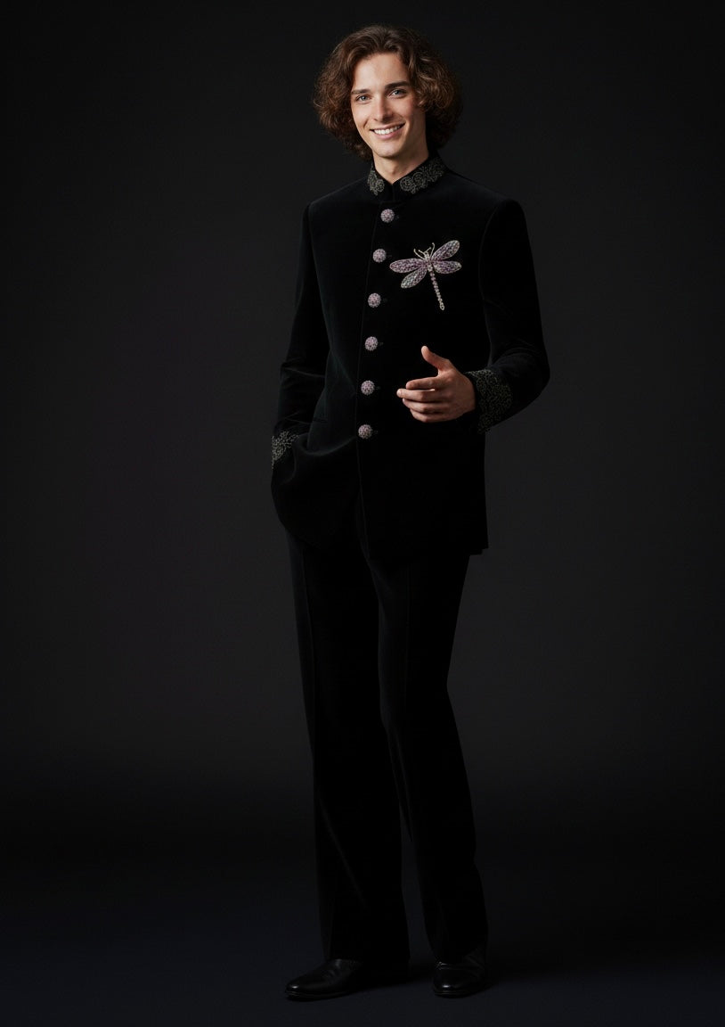 Luxury Black Velvet Suit with Dragonfly Hand Embroidery – Designer Statement Piece