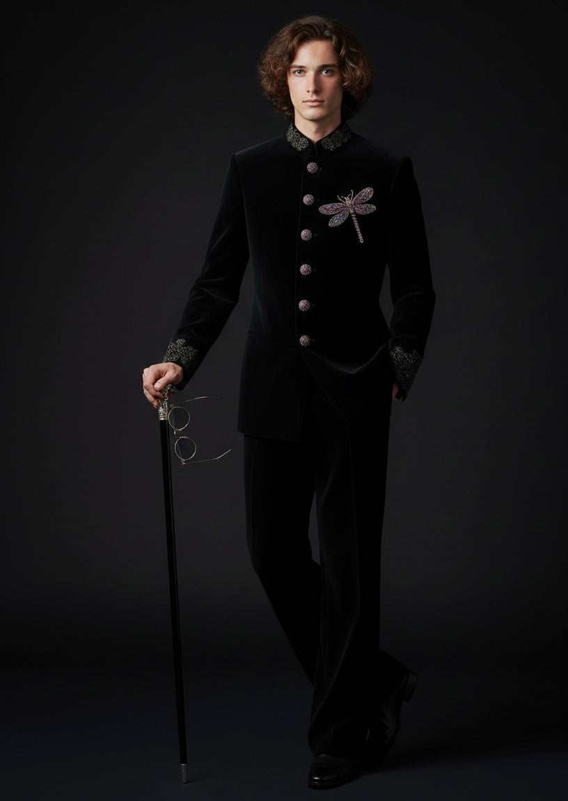 Luxury Black Velvet Suit with Dragonfly Hand Embroidery – Designer Statement Piece