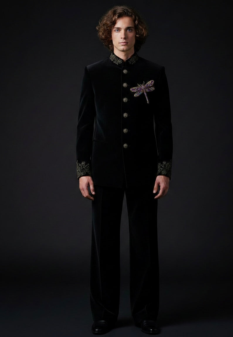 Luxury Black Velvet Suit with Dragonfly Hand Embroidery – Designer Statement Piece