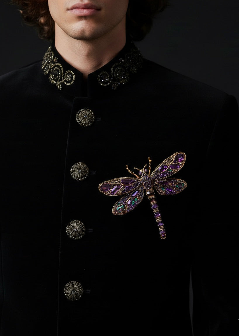 Luxury Black Velvet Suit with Dragonfly Hand Embroidery – Designer Statement Piece