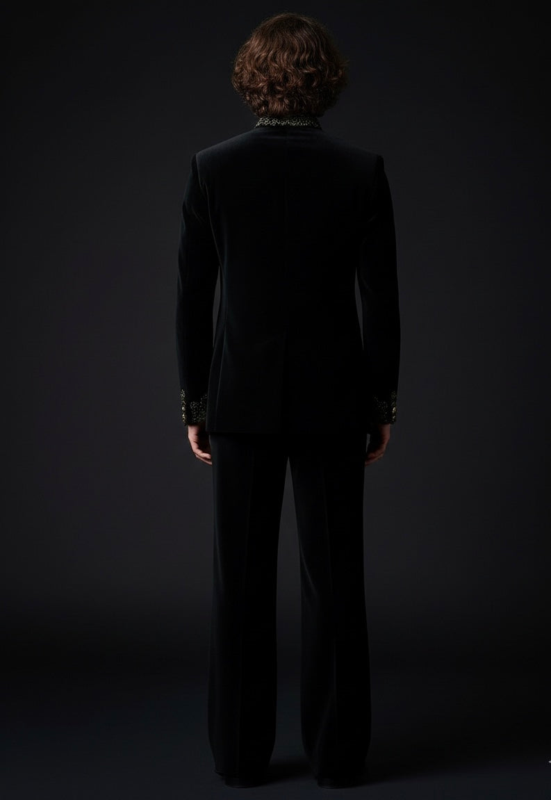 Luxury Black Velvet Suit with Dragonfly Hand Embroidery – Designer Statement Piece