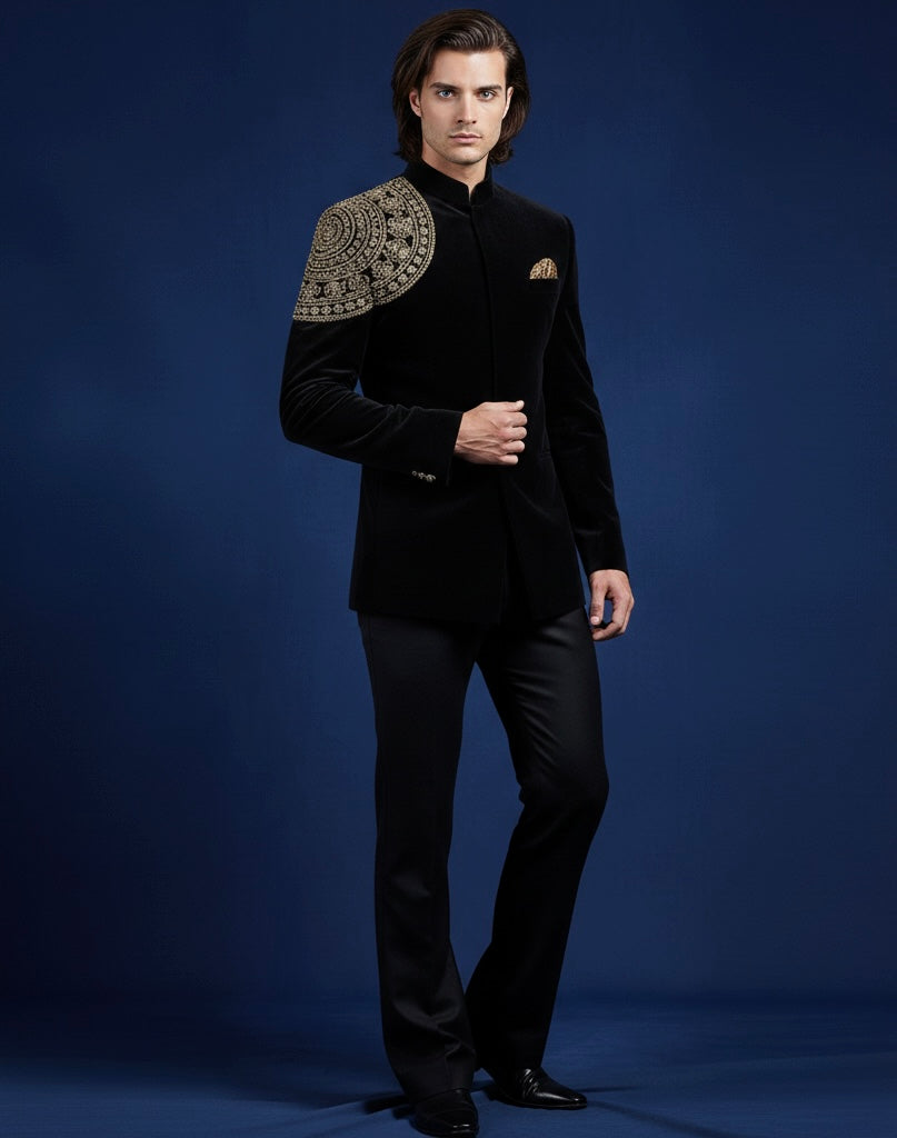 Man wearing a black suit with gold embroidery on a blue background