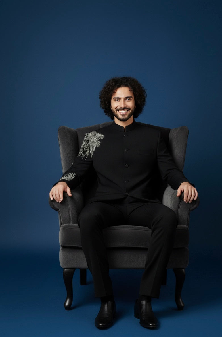 Lion Hand Embroidery Jodhpuri Suit – Royal Black Bandhgala