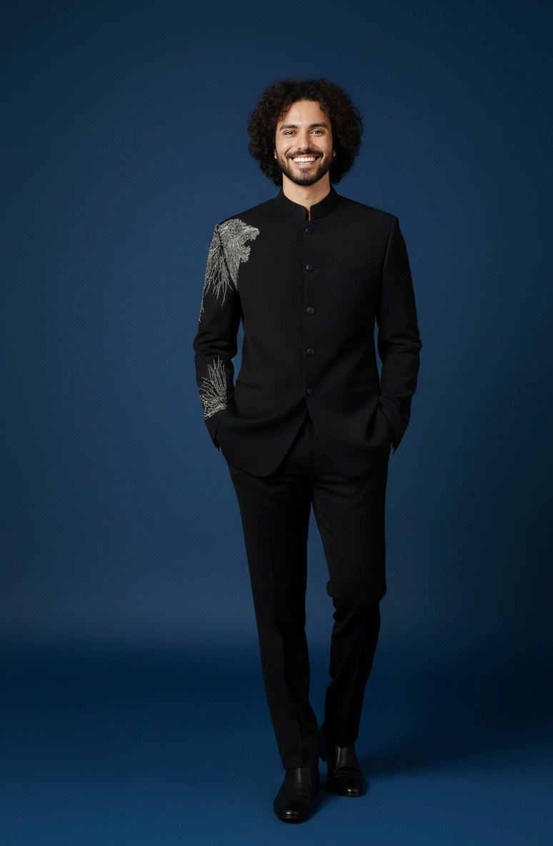 Lion Hand Embroidery Jodhpuri Suit – Royal Black Bandhgala