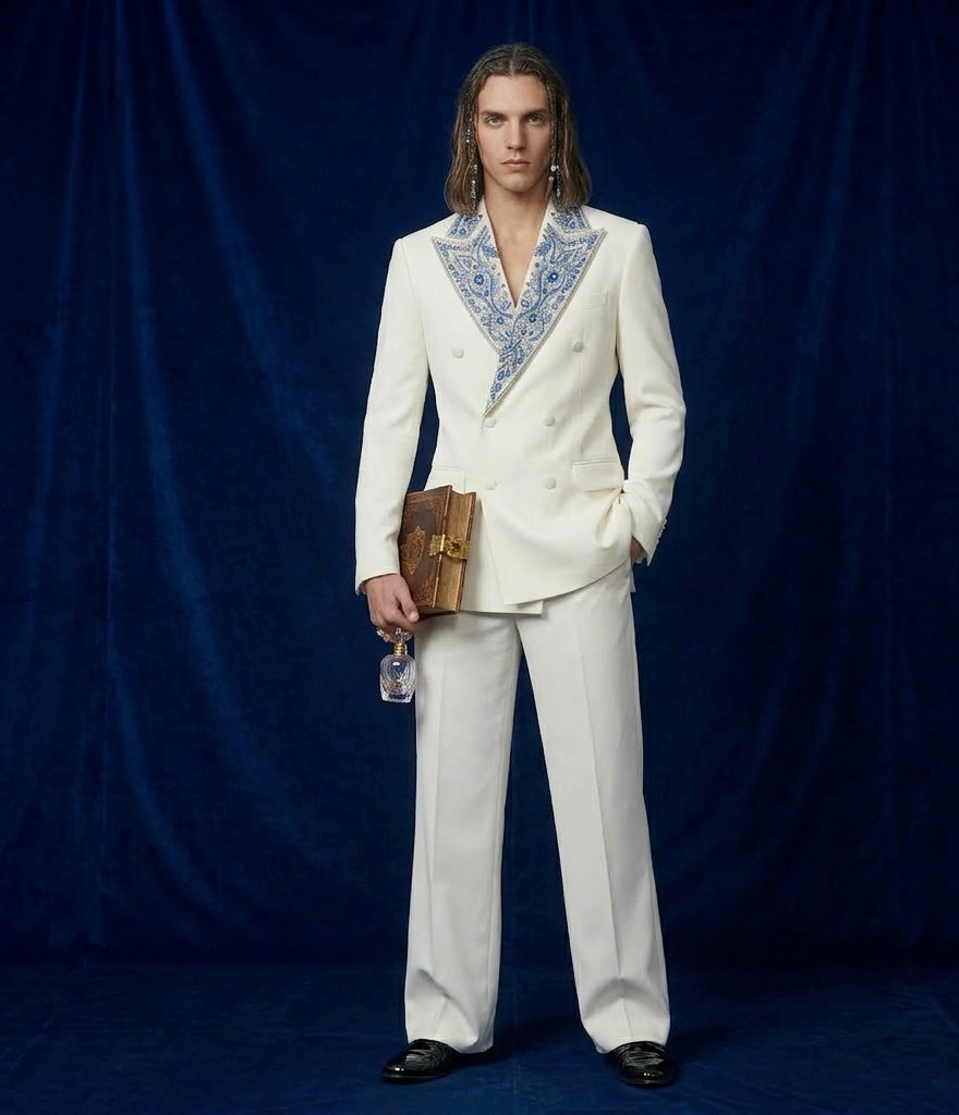 Ivory Royale Double-Breasted Suit – Hand Embroidered Luxury