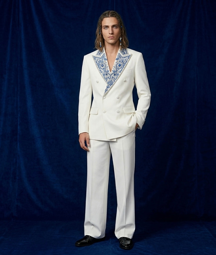 Ivory Royale Double-Breasted Suit – Hand Embroidered Luxury