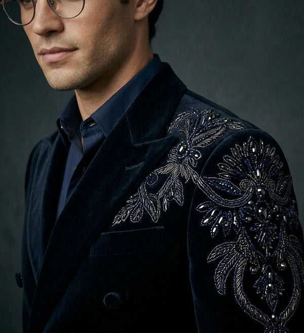 Midnight Blue Velvet Double-Breasted Suit – Hand Embroidered Luxury