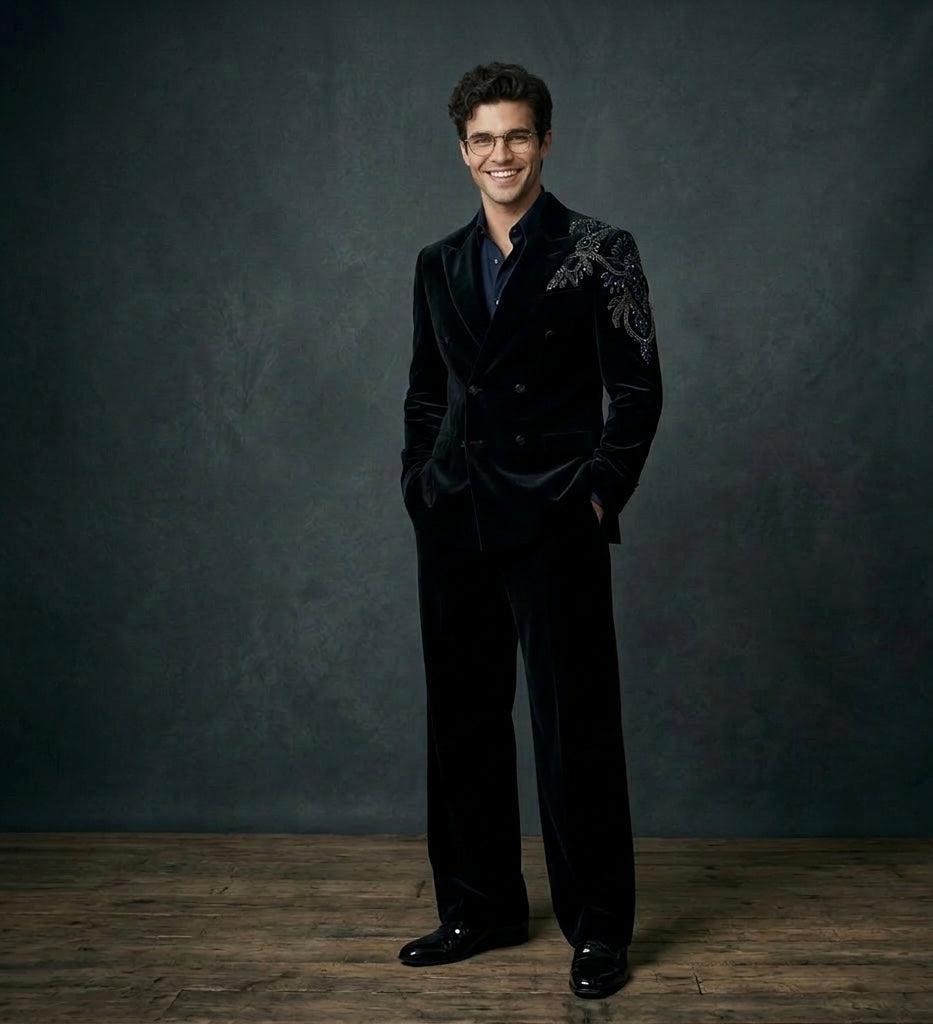 Midnight Blue Velvet Double-Breasted Suit – Hand Embroidered Luxury