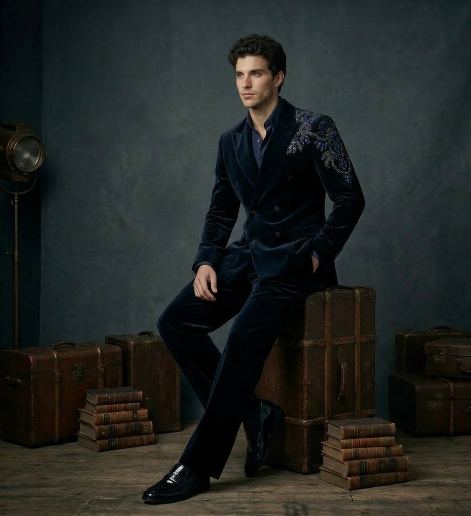 Man in a dark blue velvet suit sitting on vintage suitcases against a textured gray wall.