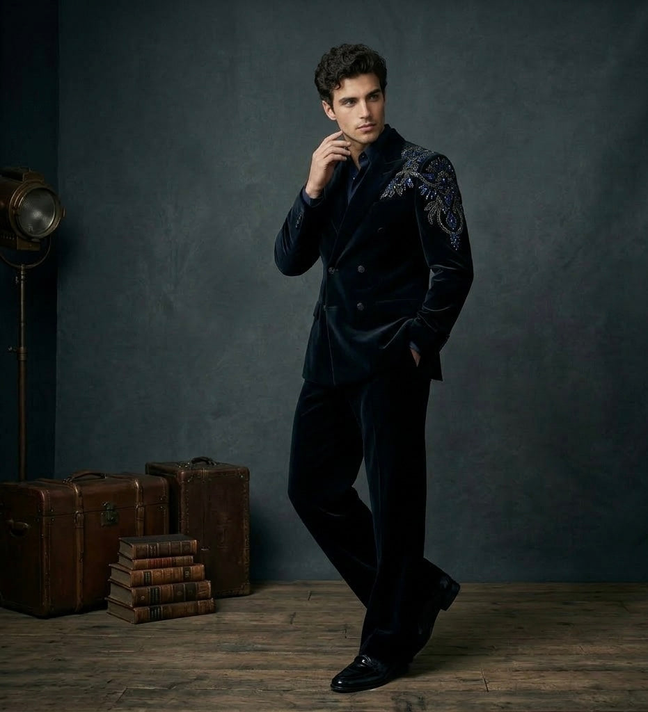 Midnight Blue Velvet Double-Breasted Suit – Hand Embroidered Luxury
