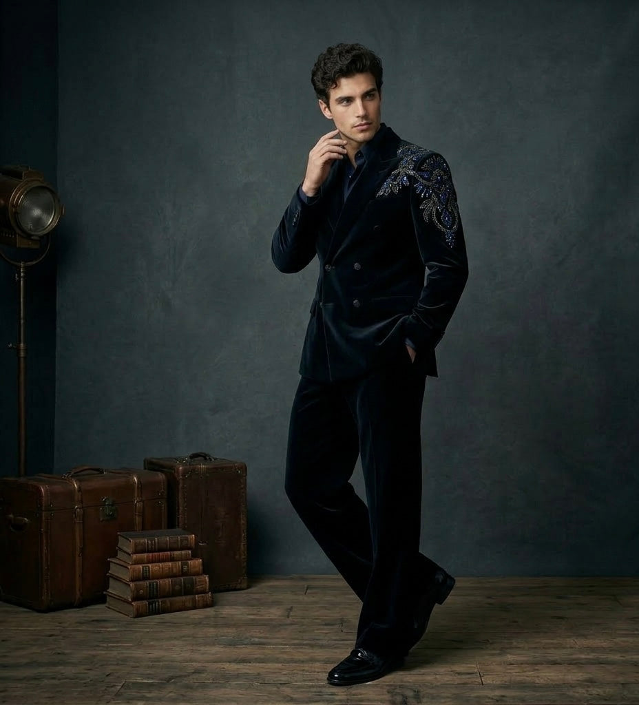 Midnight Blue Velvet Double-Breasted Suit – Hand Embroidered Luxury