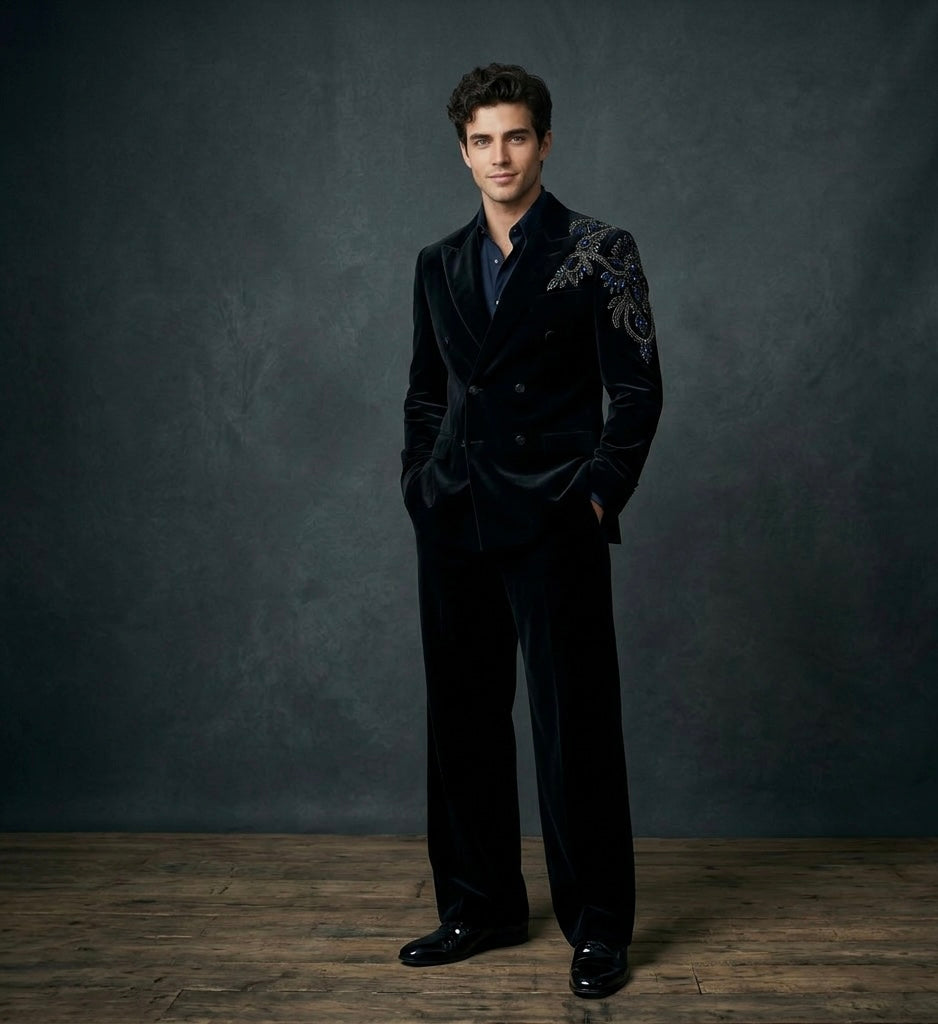 Midnight Blue Velvet Double-Breasted Suit – Hand Embroidered Luxury