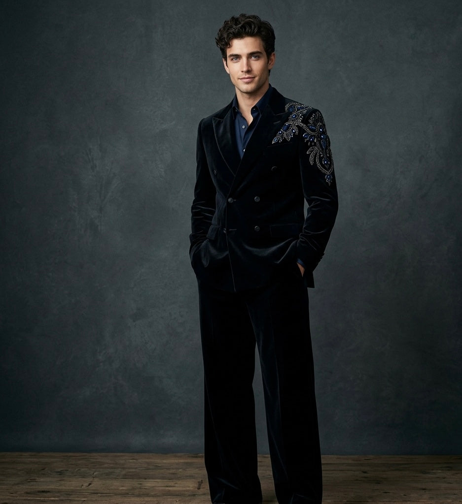 Midnight Blue Velvet Double-Breasted Suit – Hand Embroidered Luxury