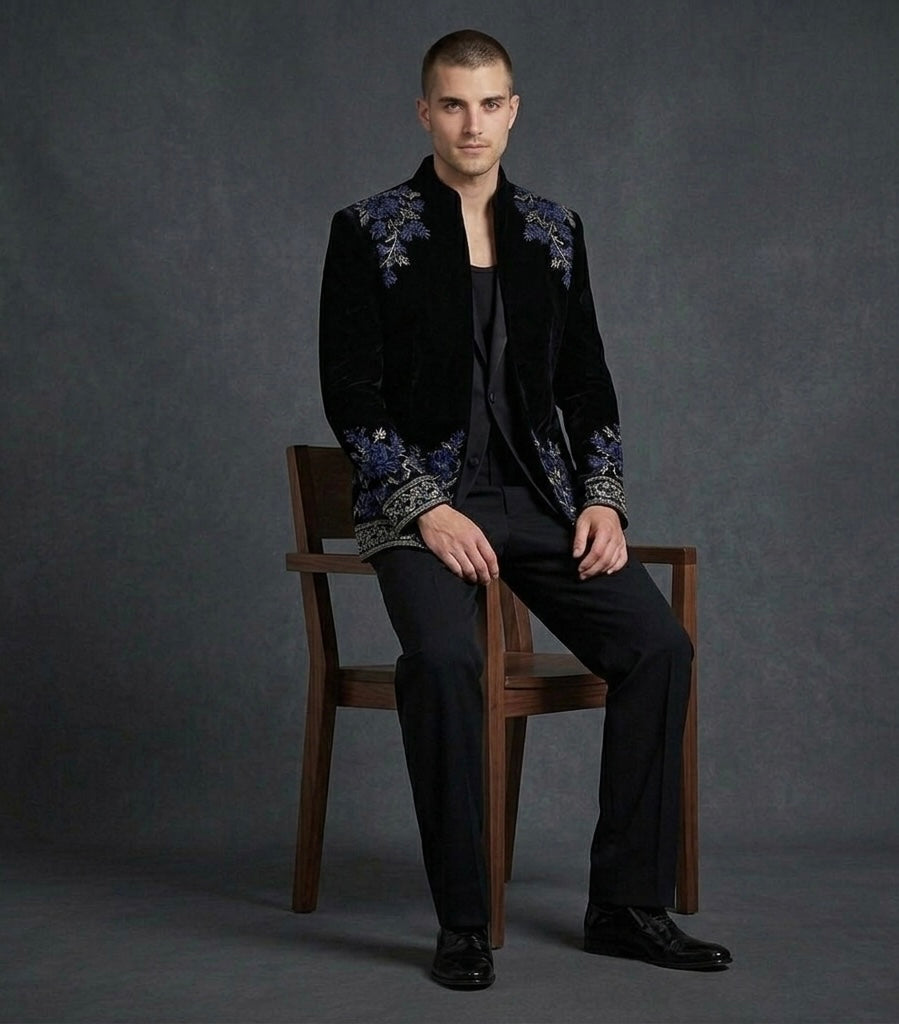 Royal Layered Black Embroidered Jacket Set – Contrast Luxury Statement