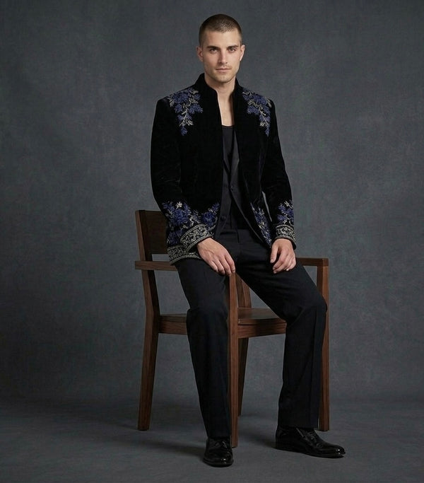 Royal Layered Black Embroidered Jacket Set – Contrast Luxury Statement