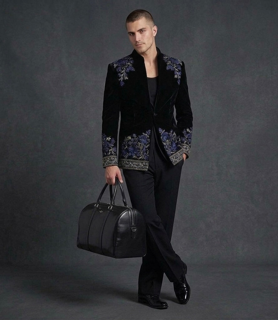 Royal Layered Black Embroidered Jacket Set – Contrast Luxury Statement