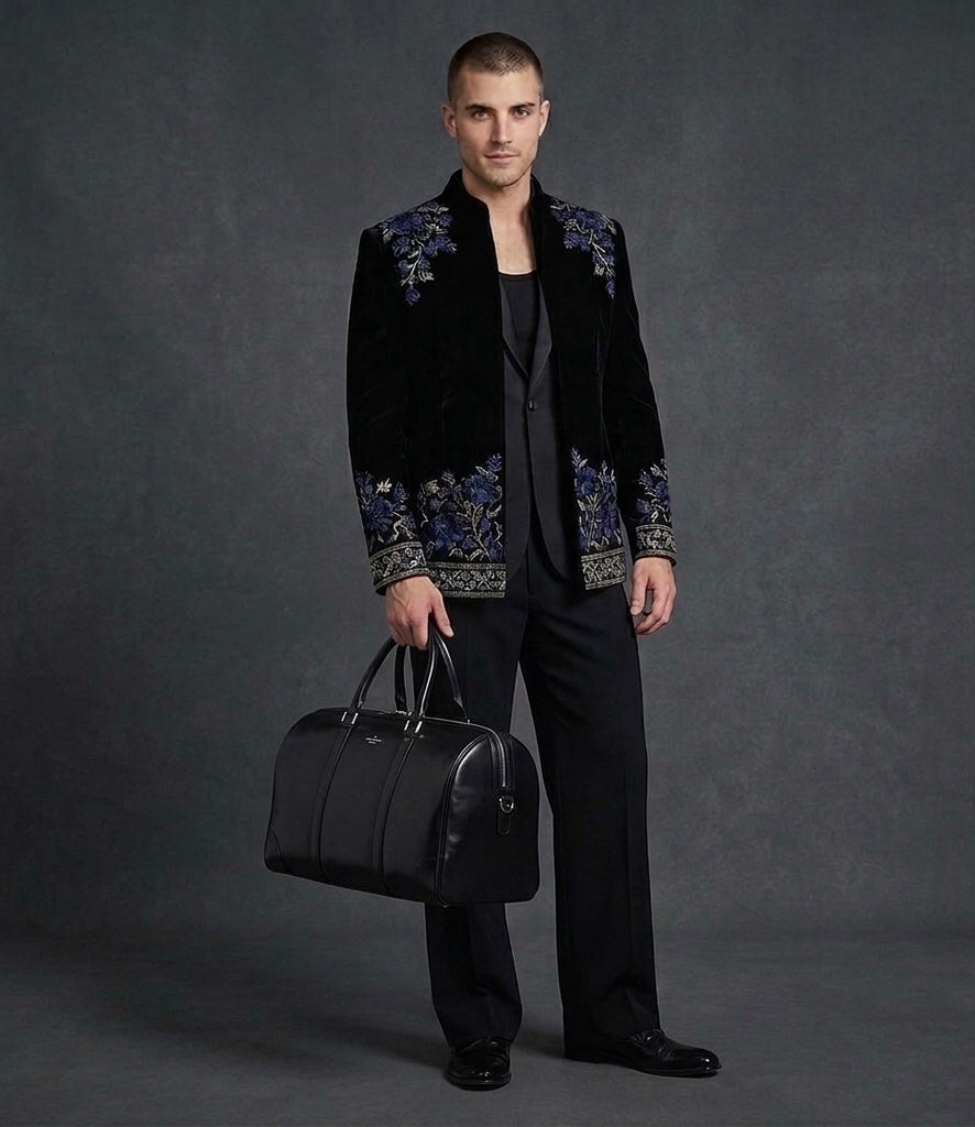 Royal Layered Black Embroidered Jacket Set – Contrast Luxury Statement