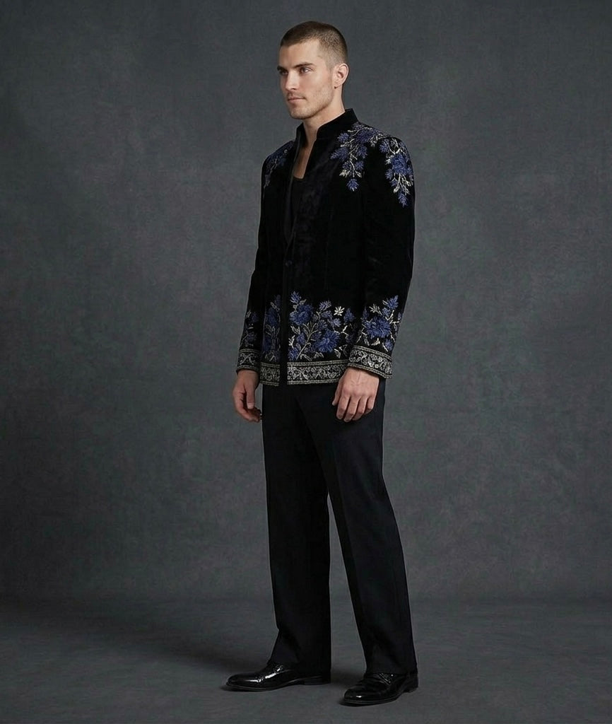 Royal Layered Black Embroidered Jacket Set – Contrast Luxury Statement