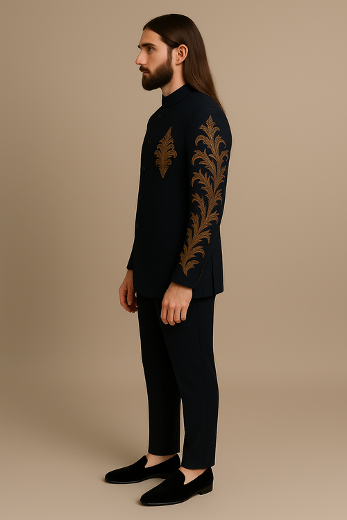 Black Jodhpuri Bandhgala Luxury Suit with Gold Embroidery | P&H BY PRIYANSHU