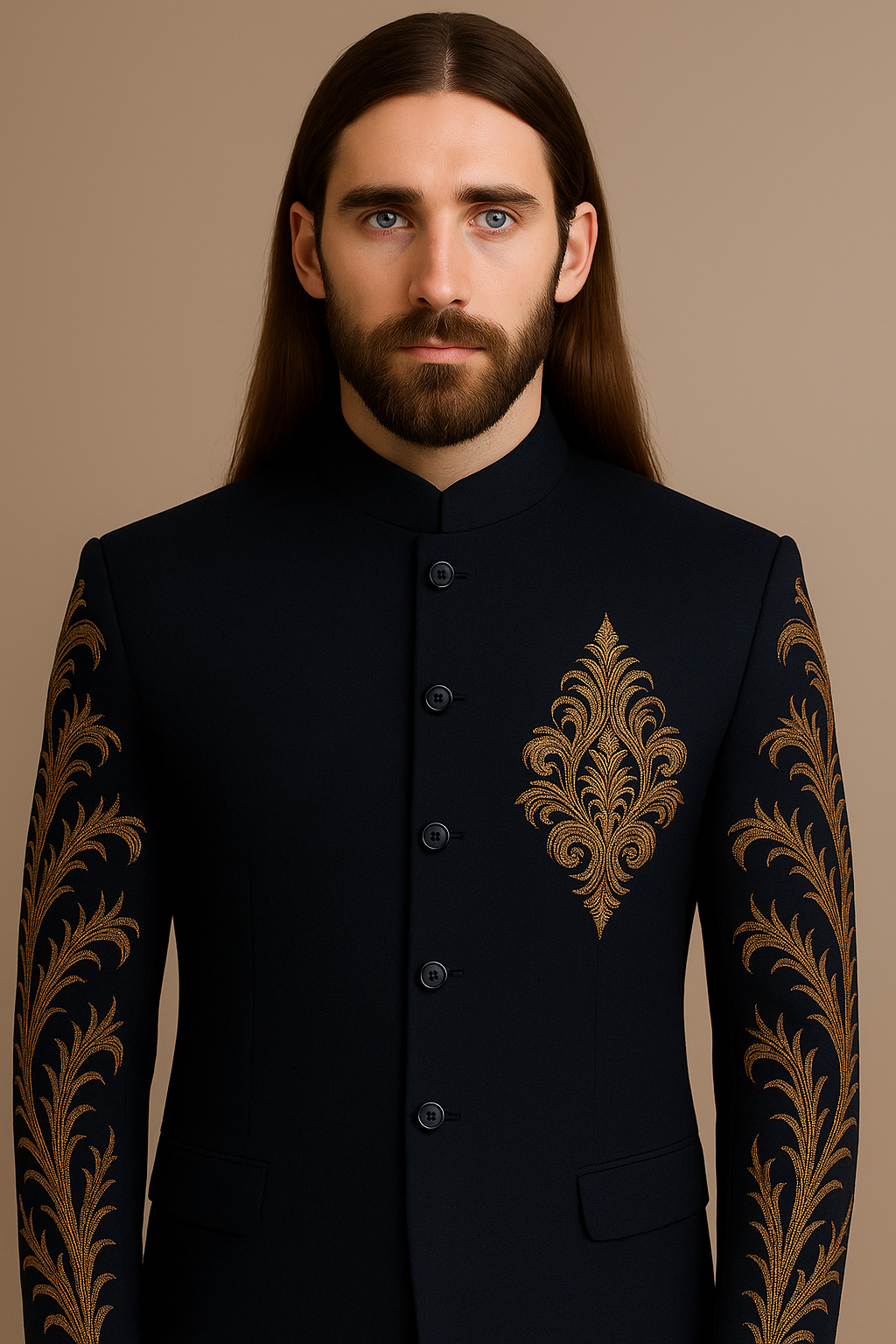 Black Jodhpuri Bandhgala Luxury Suit with Gold Embroidery | P&H BY PRIYANSHU