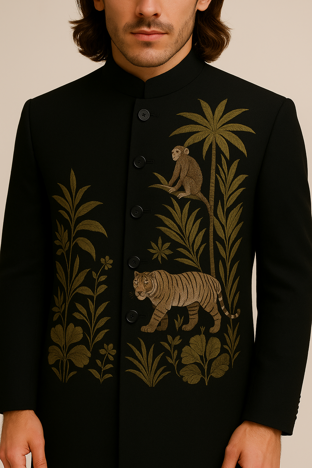 Black Jodhpuri Bandhgala Suit with Jungle-Themed Embroidery | P&H BY PRIYANSHU
