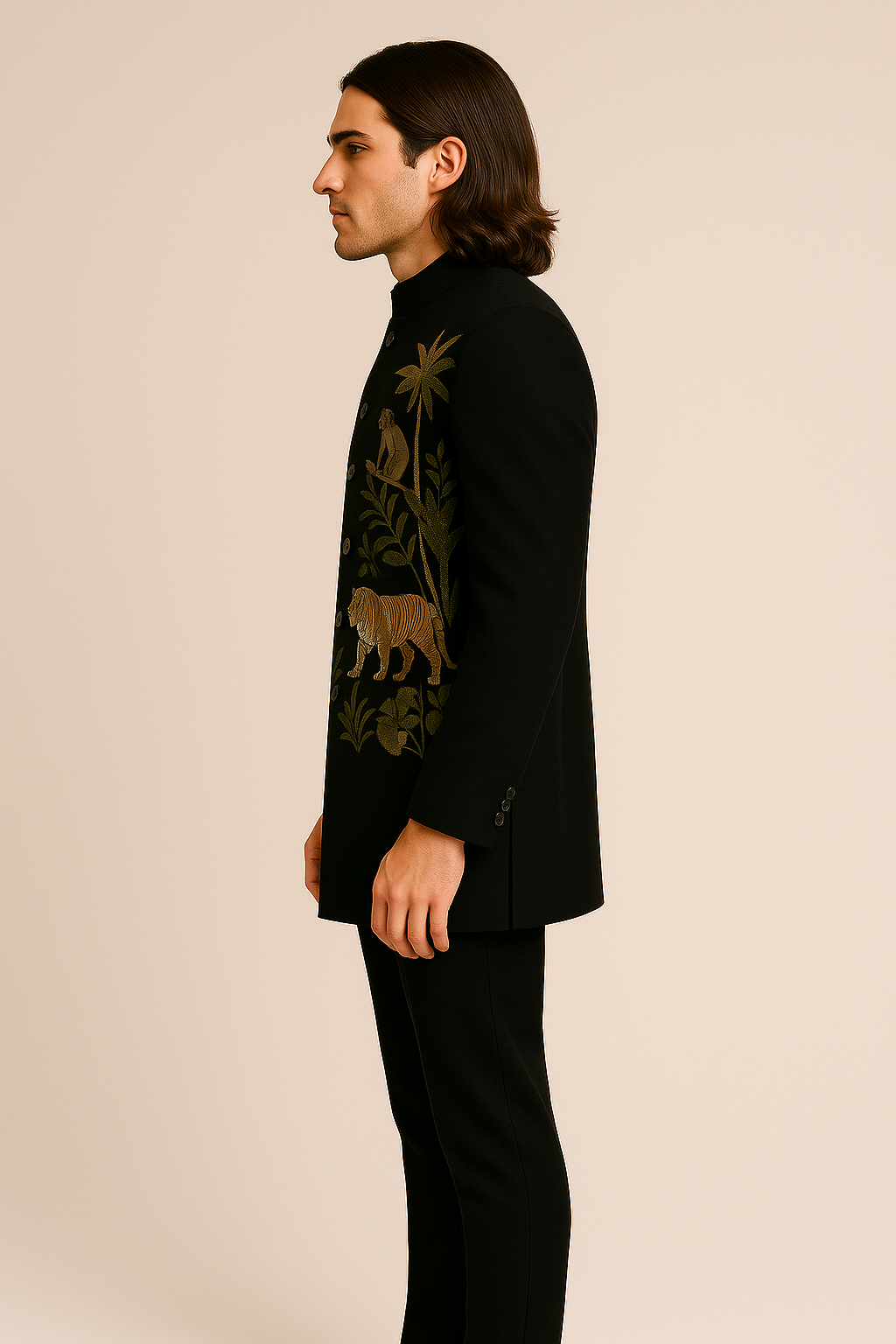 Black Jodhpuri Bandhgala Suit with Jungle-Themed Embroidery | P&H BY PRIYANSHU