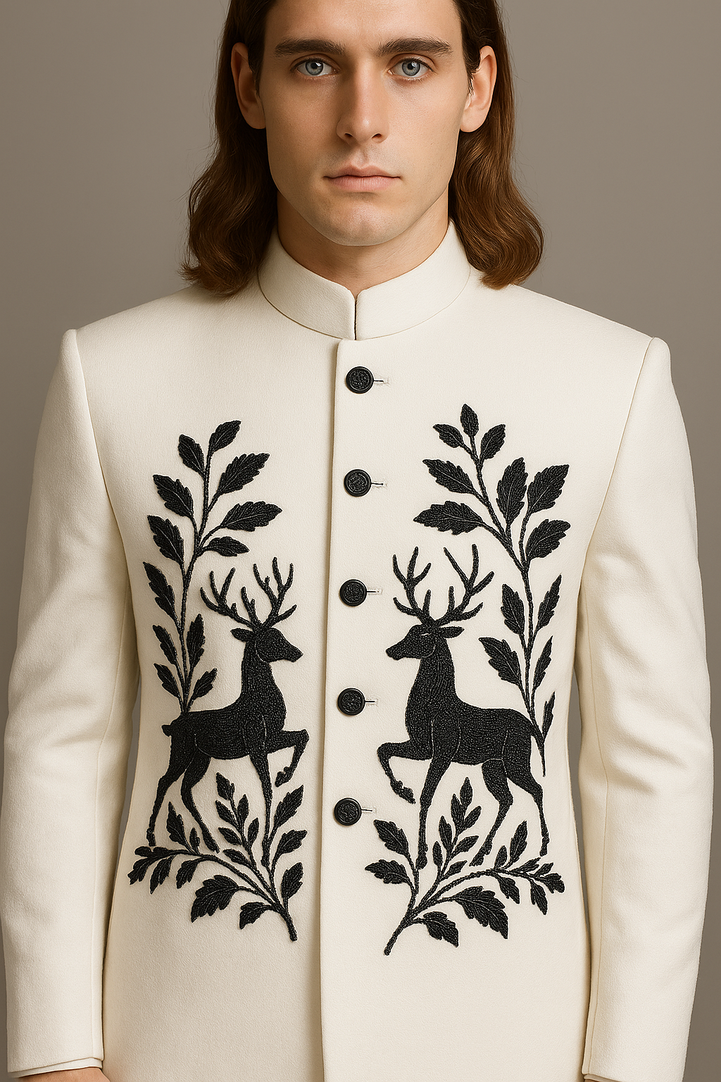 White Jodhpuri Bandhgala Suit with Black Deer & Floral Hand Embroidery | P&H BY PRIYANSHU