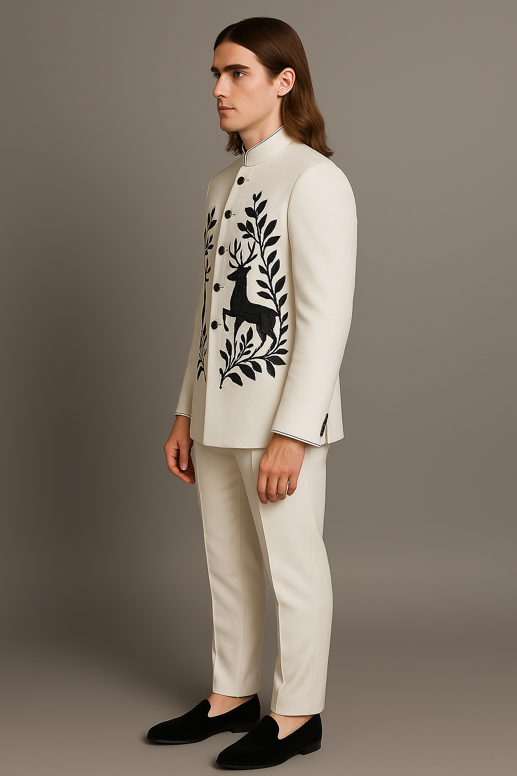 White Jodhpuri Bandhgala Suit with Black Deer & Floral Hand Embroidery | P&H BY PRIYANSHU