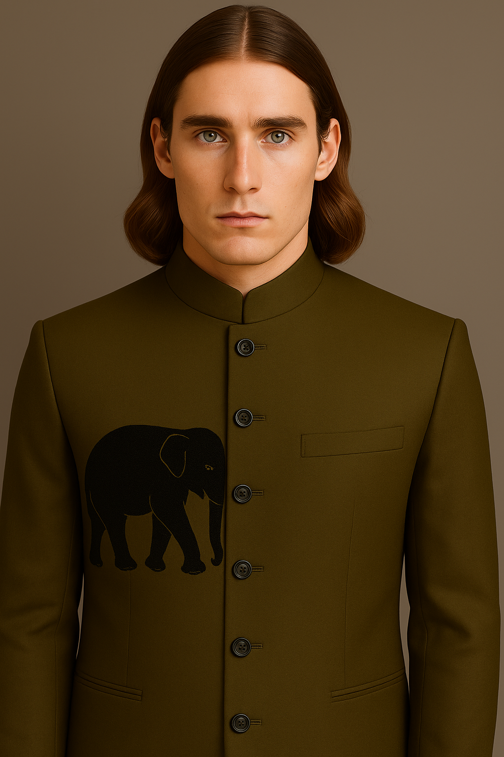 Man wearing a green jacket with an elephant emblem against a brown background