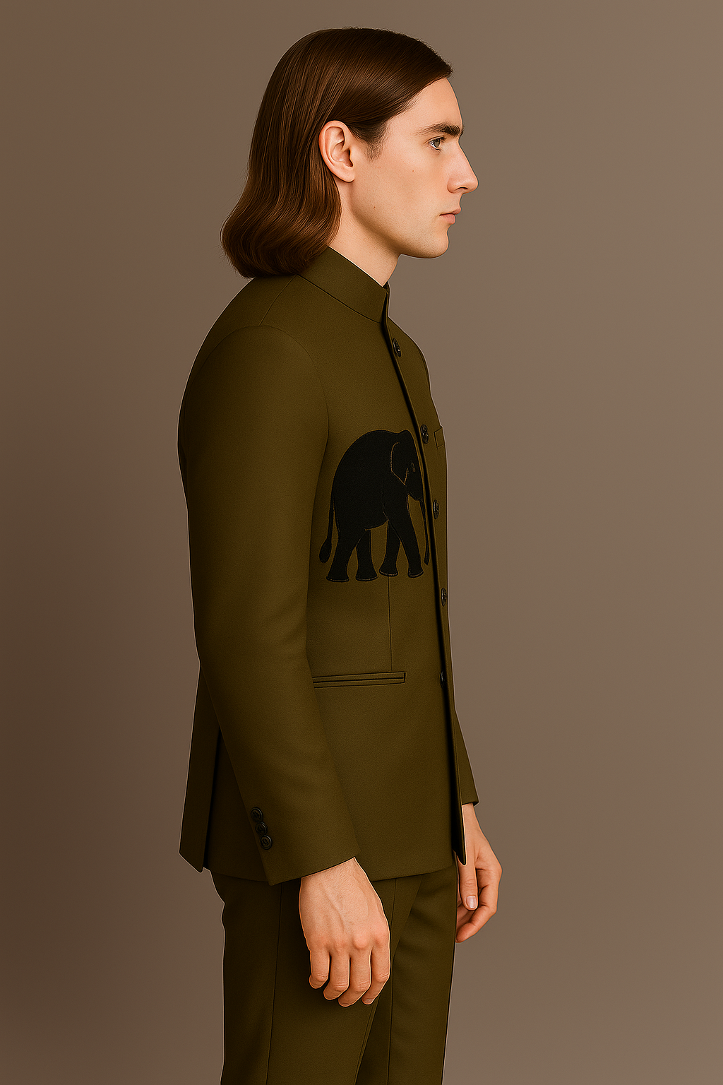 Olive Green Jodhpuri Bandhgala Suit with Black Elephant Motif Embroidery | P&H BY PRIYANSHU