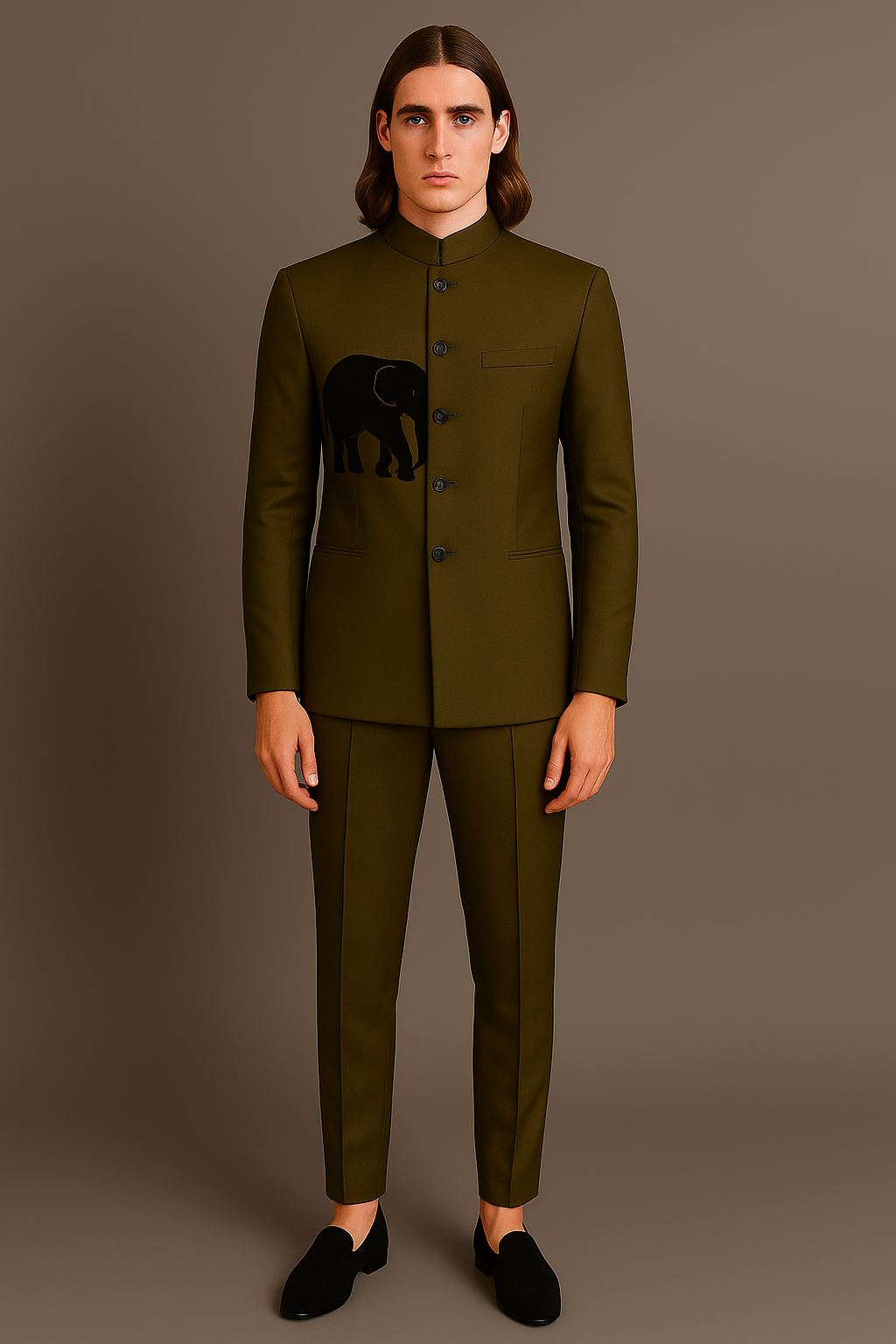 Olive Green Jodhpuri Bandhgala Suit with Black Elephant Motif Embroidery | P&H BY PRIYANSHU