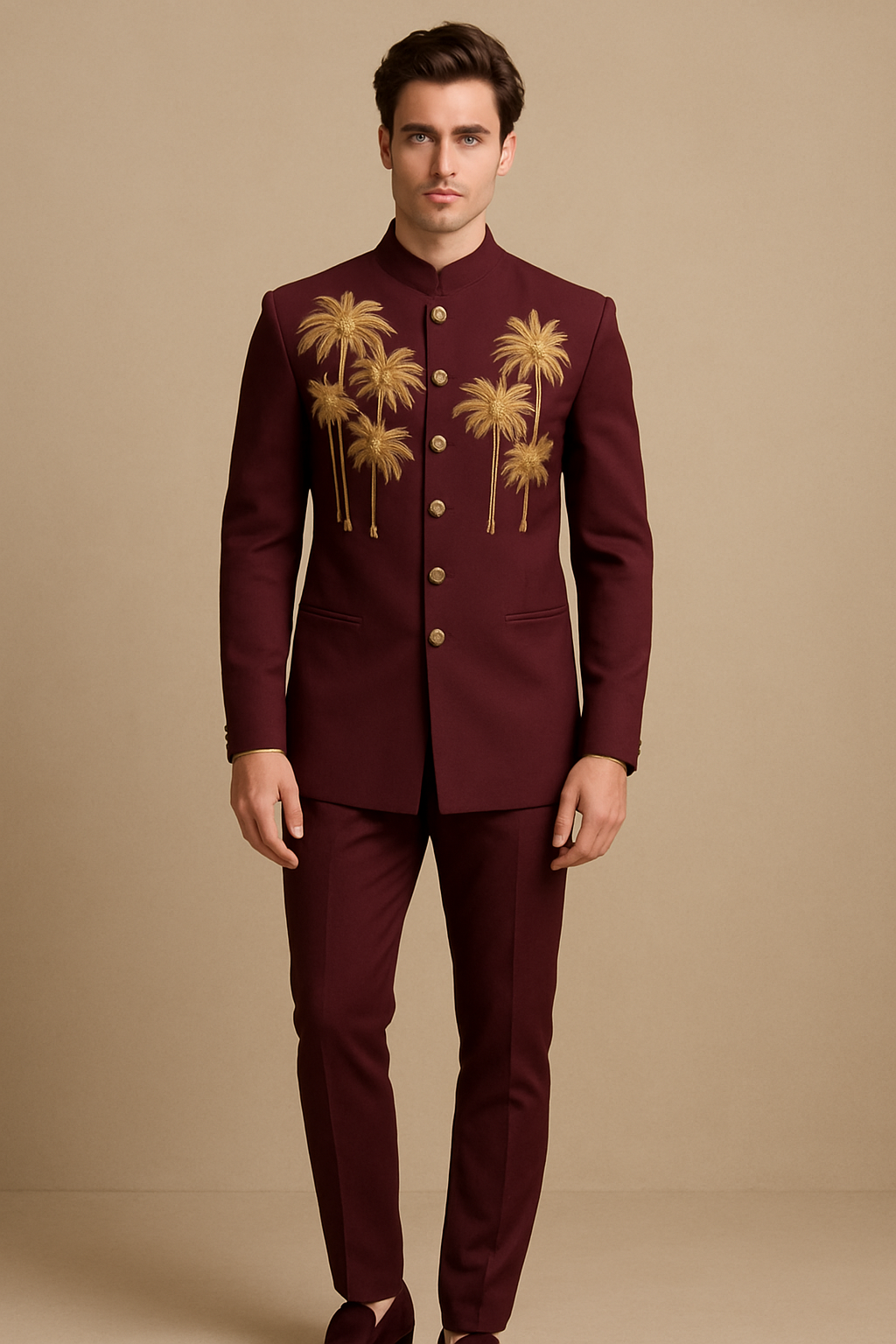 Maroon Wine Jodhpuri Bandhgala Wedding Suit with Gold Tree Embroidery | P&H BY PRIYANSHU