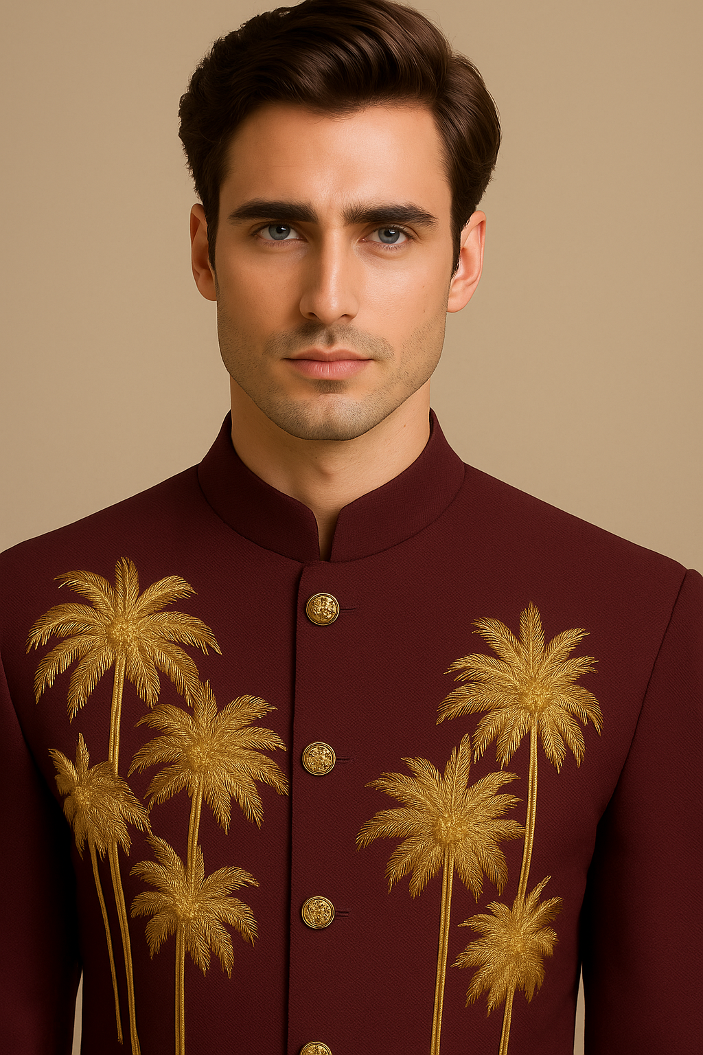 Man wearing a burgundy shirt with gold palm tree embroidery on a beige background
