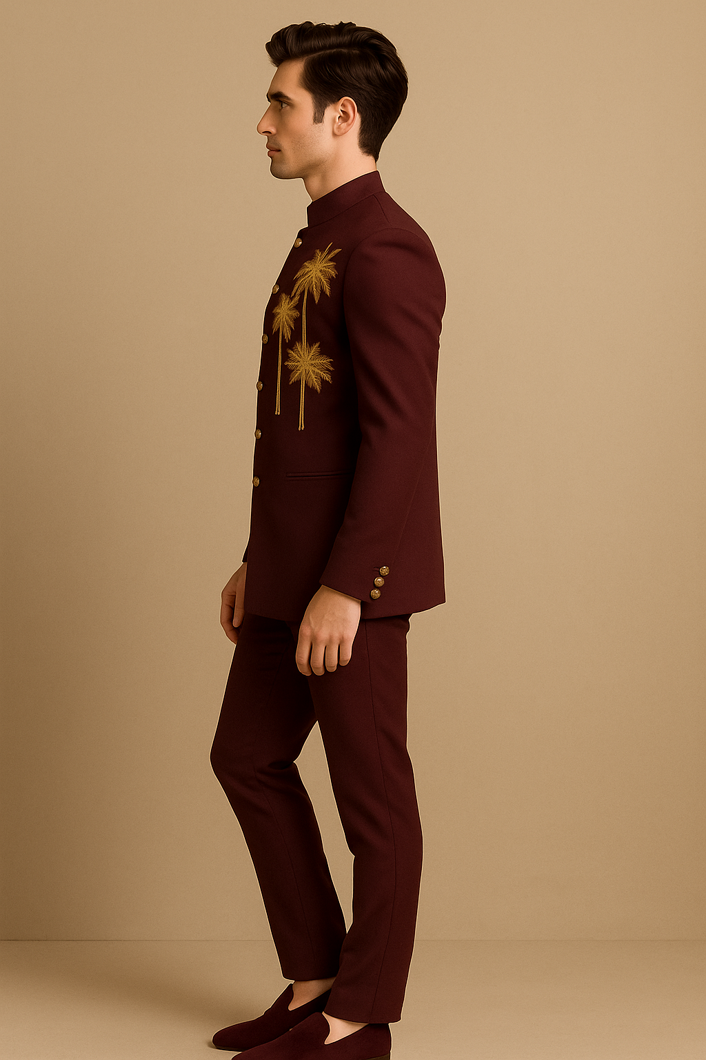 Maroon Wine Jodhpuri Bandhgala Wedding Suit with Gold Tree Embroidery | P&H BY PRIYANSHU