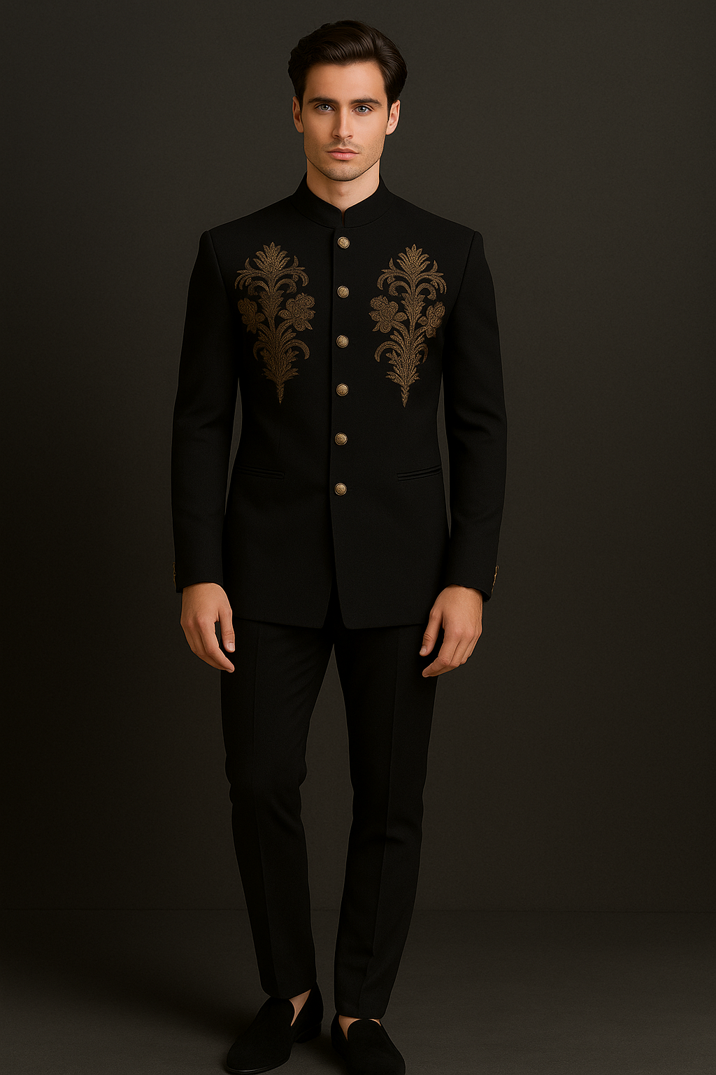 Man wearing a black suit with gold embroidery on a dark background