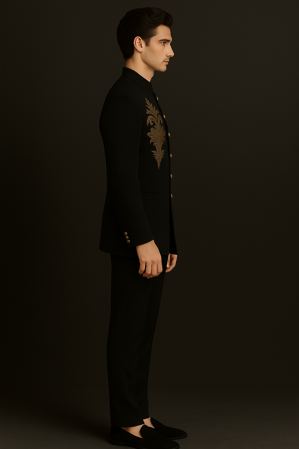 Black Jodhpuri Bandhgala Suit with Gold Embroidery | P&H BY PRIYANSHU
