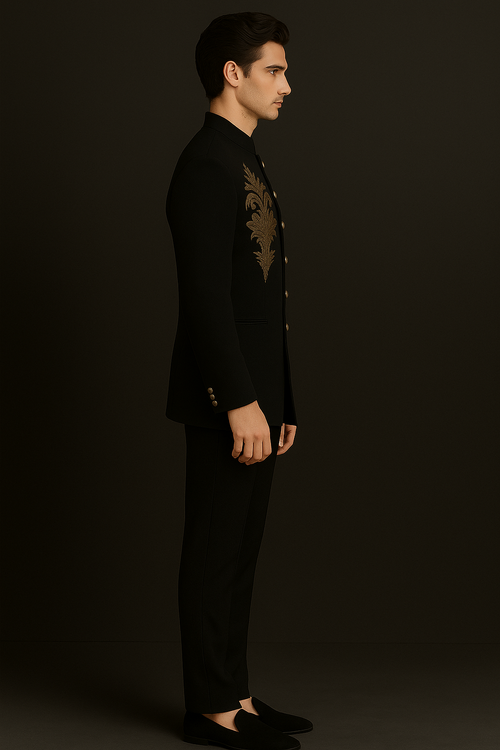 Black Jodhpuri Bandhgala Suit with Gold Embroidery | P&H BY PRIYANSHU
