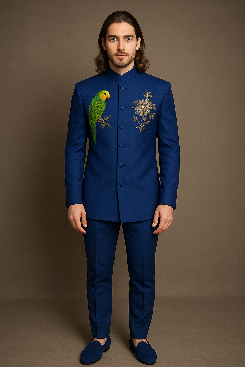 Blue Jodhpuri Bandhgala Suit with Parrot Design Hand Embroidery | P&H BY PRIYANSHU