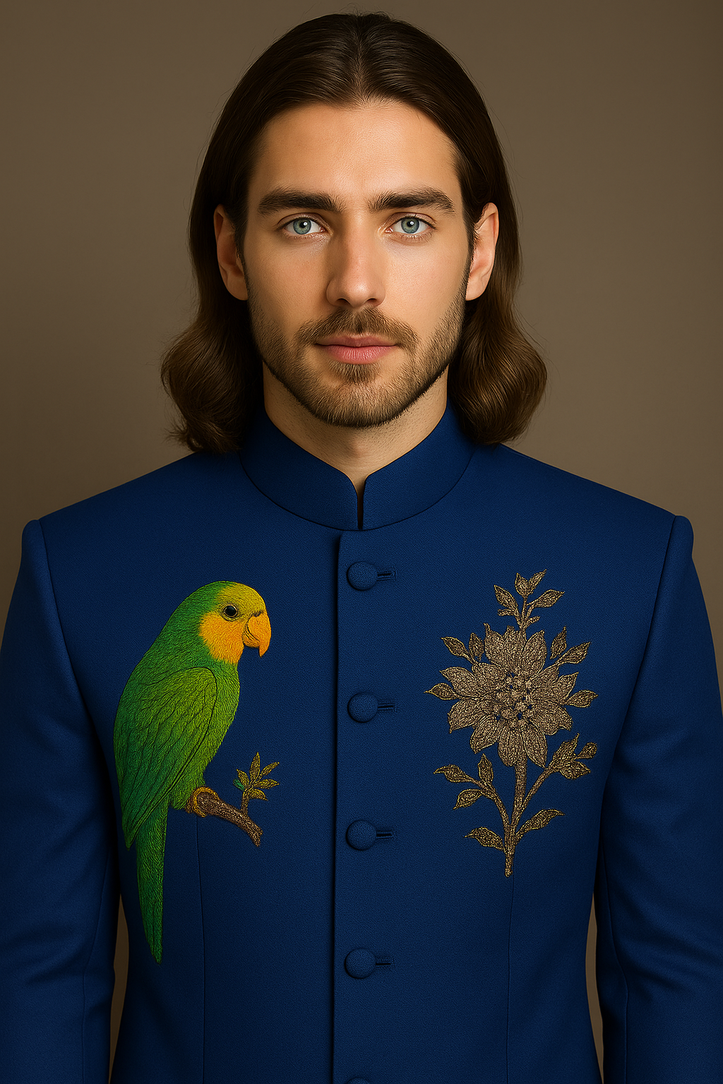 Man wearing a blue embroidered jacket with a parrot design on a brown background