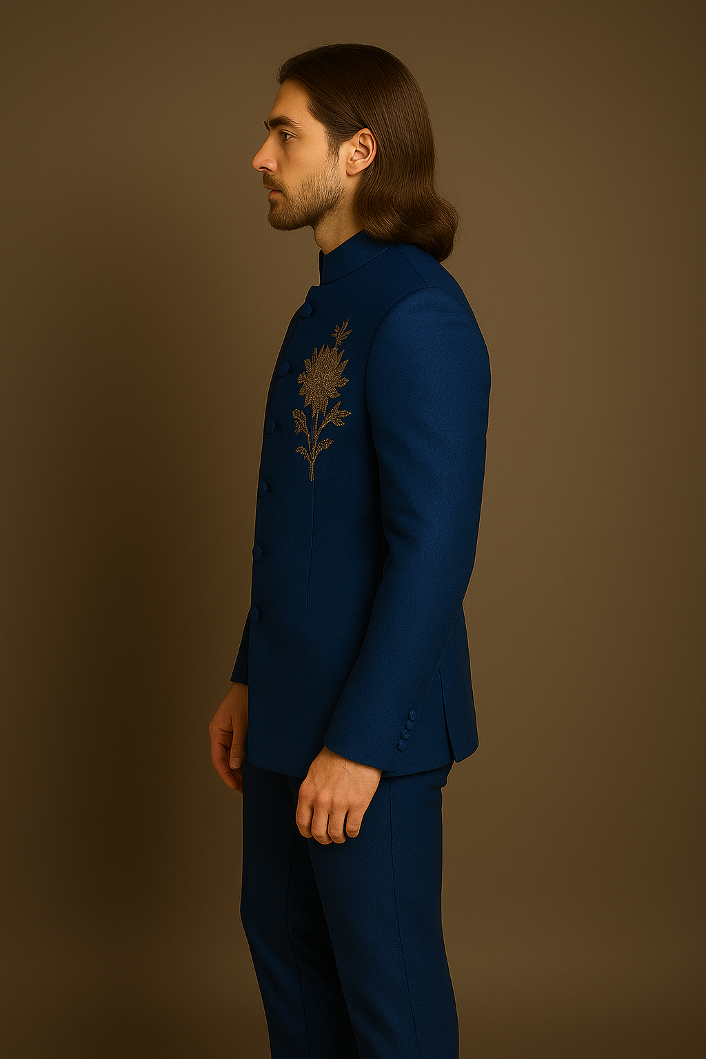 Blue Jodhpuri Bandhgala Suit with Parrot Design Hand Embroidery | P&H BY PRIYANSHU
