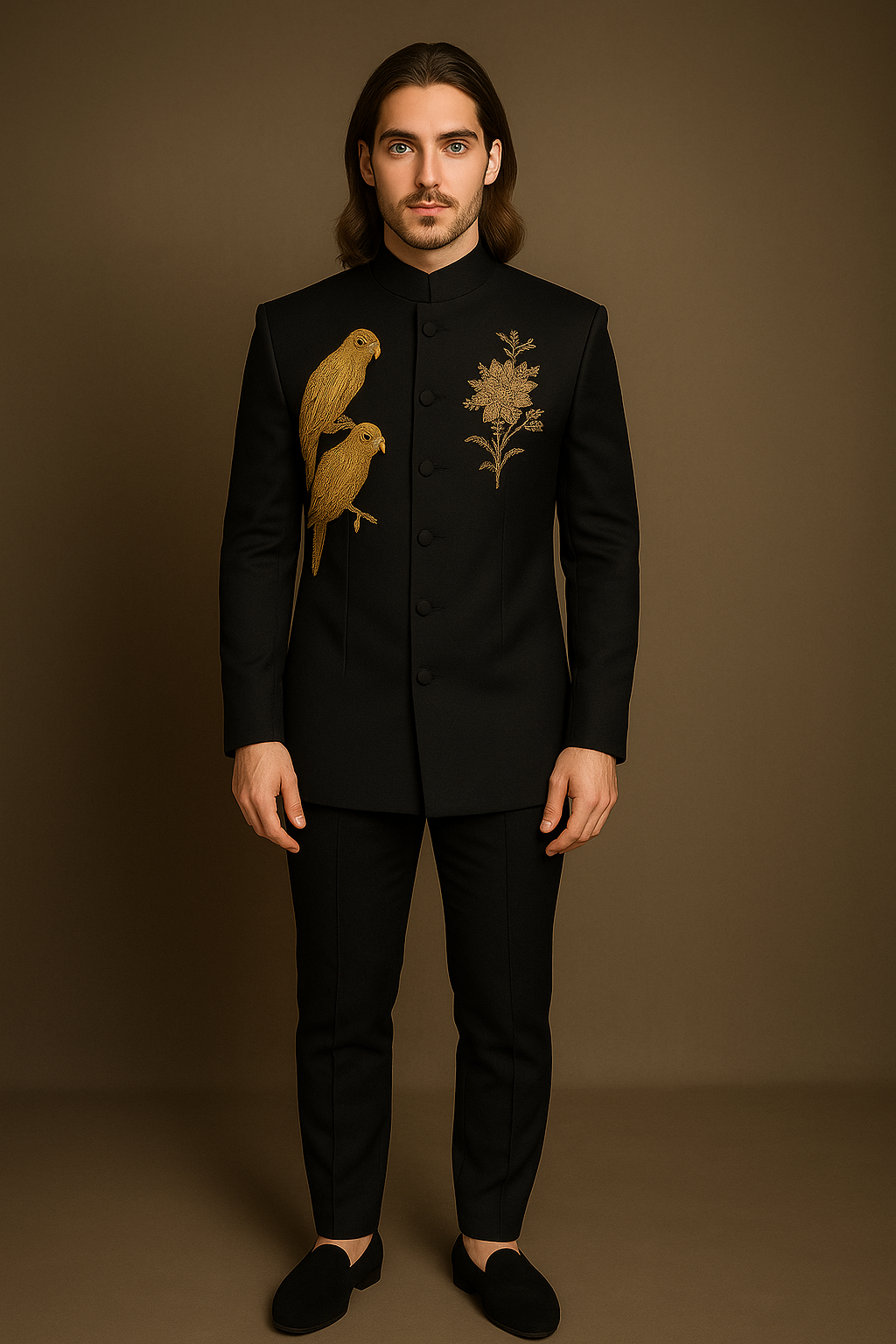 Black Jodhpuri Bandhgala Suit with Gold Parrot & Floral Embroidery | P&H BY PRIYANSHU