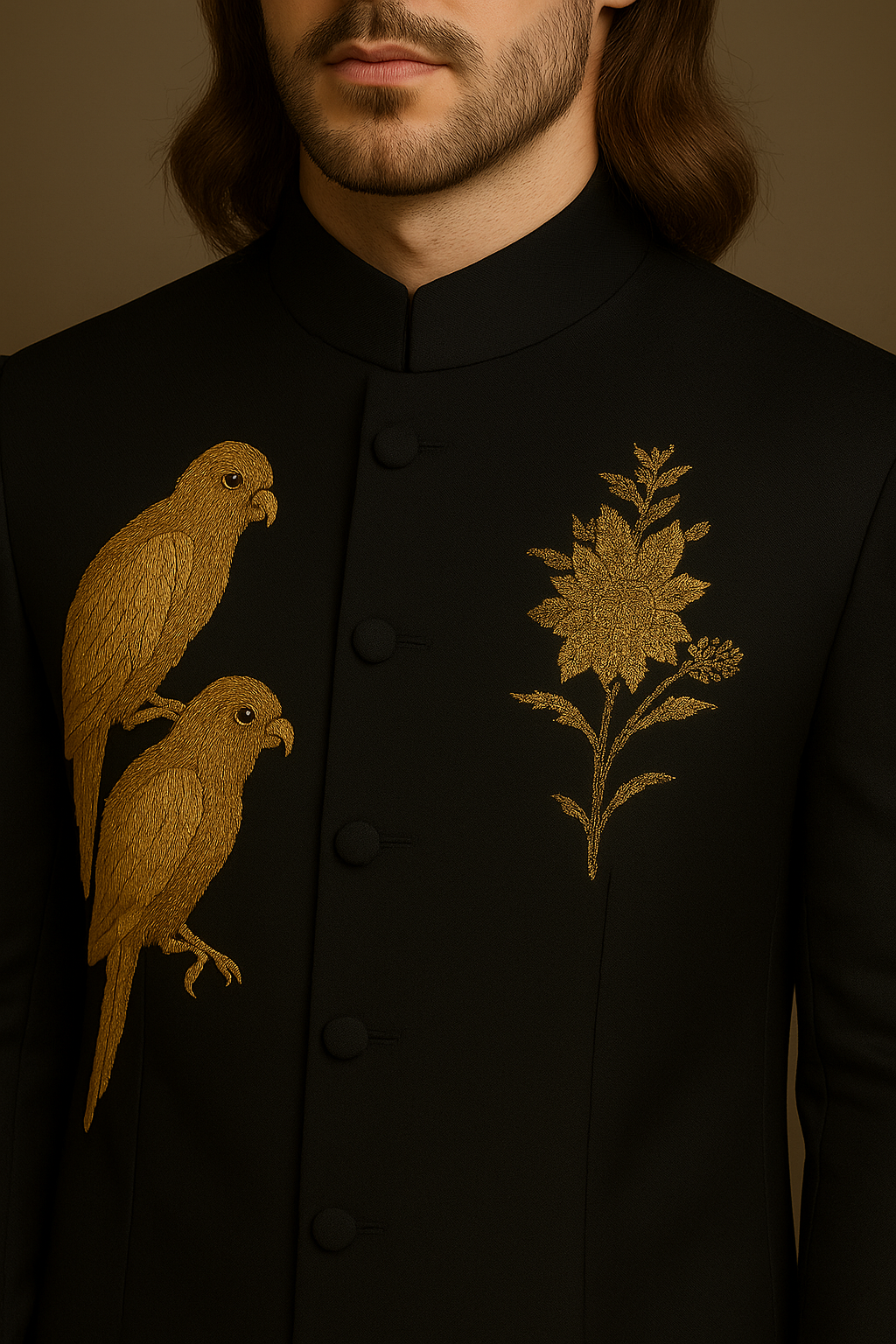 Black jacket with gold parrot and floral embroidery on a neutral background